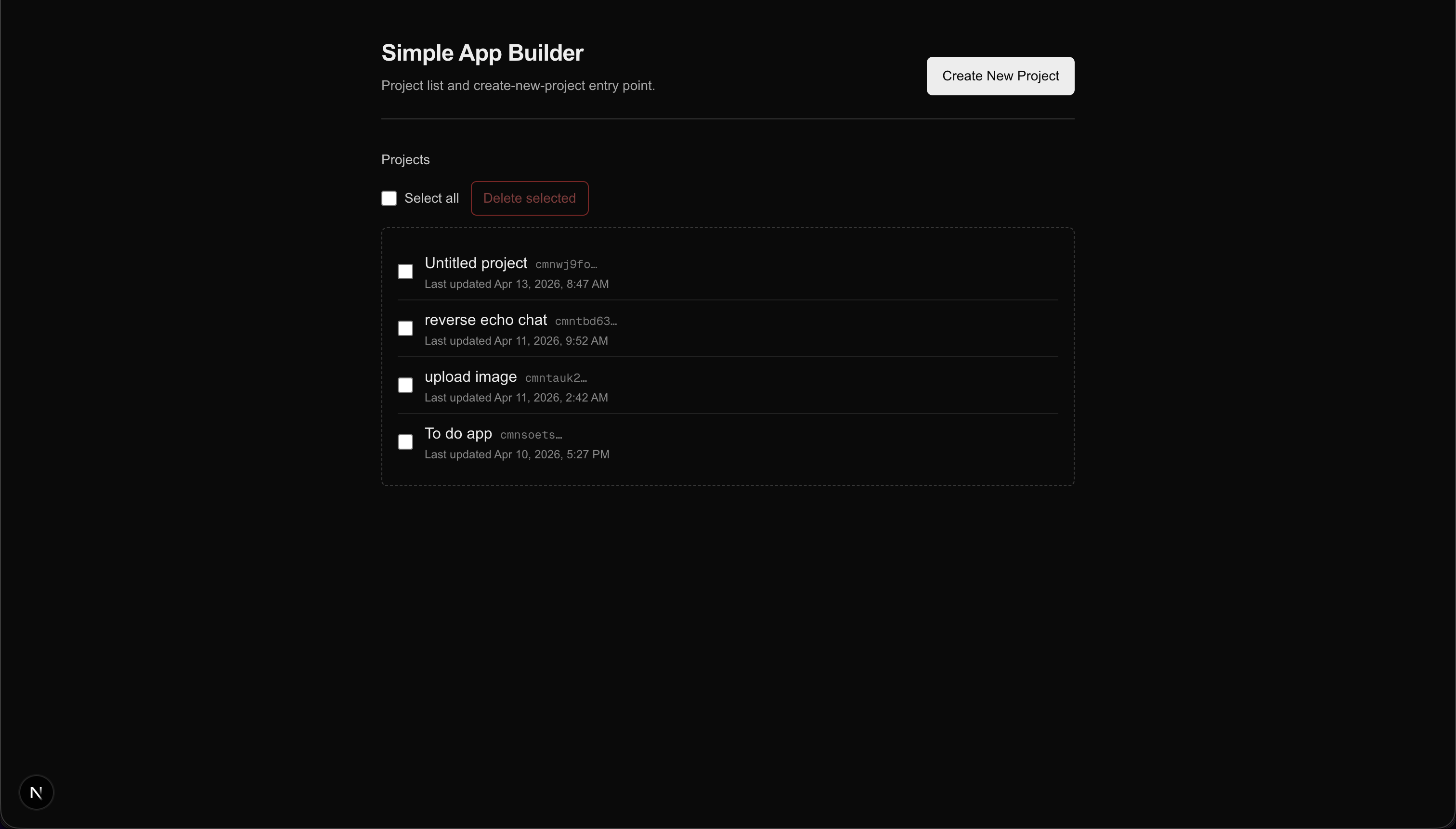 home `/` with at least one project row after round trip